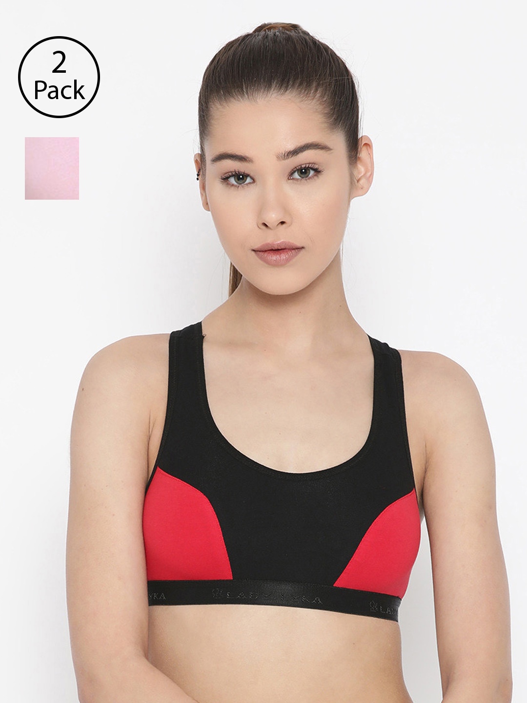 

Lady Lyka Pack of 2 Colourblocked Non-Wired Non Padded Sports Bras ROSES-PNK-RED, Pink