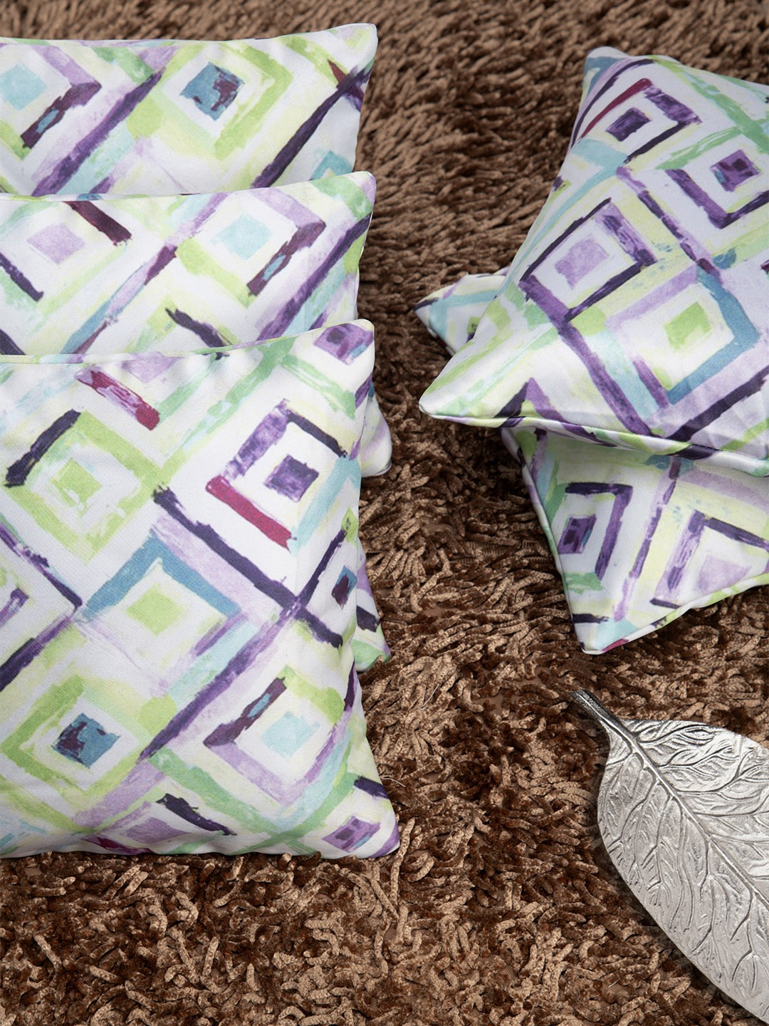 

HOUZZCODE Green & Purple Set of 5 Geometric Square Cushion Covers