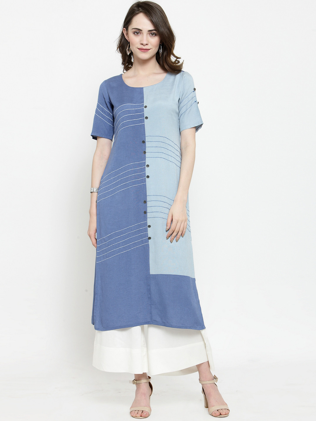 

Varanga Women Blue & White Colourblocked Kurta with Palazzos