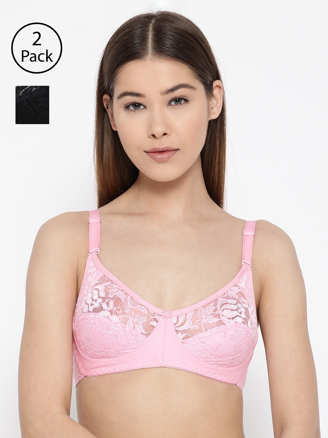 

Lady Lyka Pack of 2 Lace Non-Wired Non Padded Lace Everyday Bras IMPRESSION, Black
