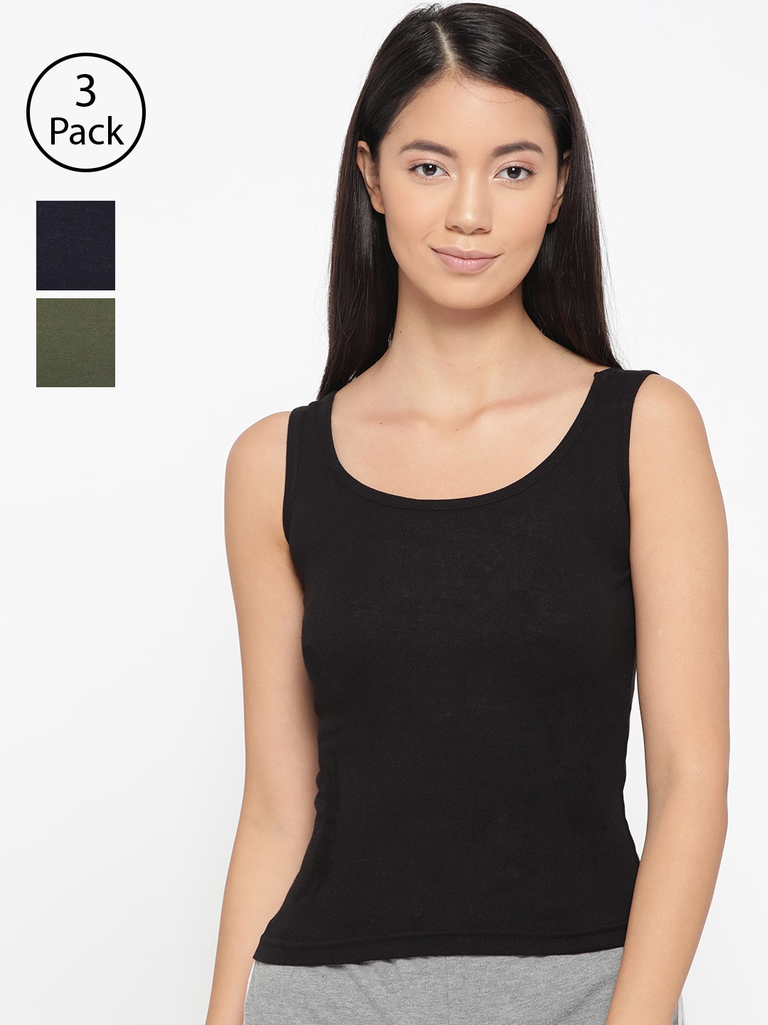 

Lady Lyka Women Pack of 3 Solid Tank Top Camisoles CAMI-05-NVY-BLK-GRN, Navy blue
