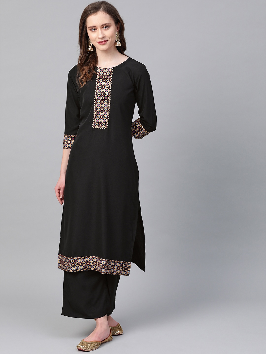 

ZIYAA Women Black & Cream-Coloured Yoke Design Straight Kurta