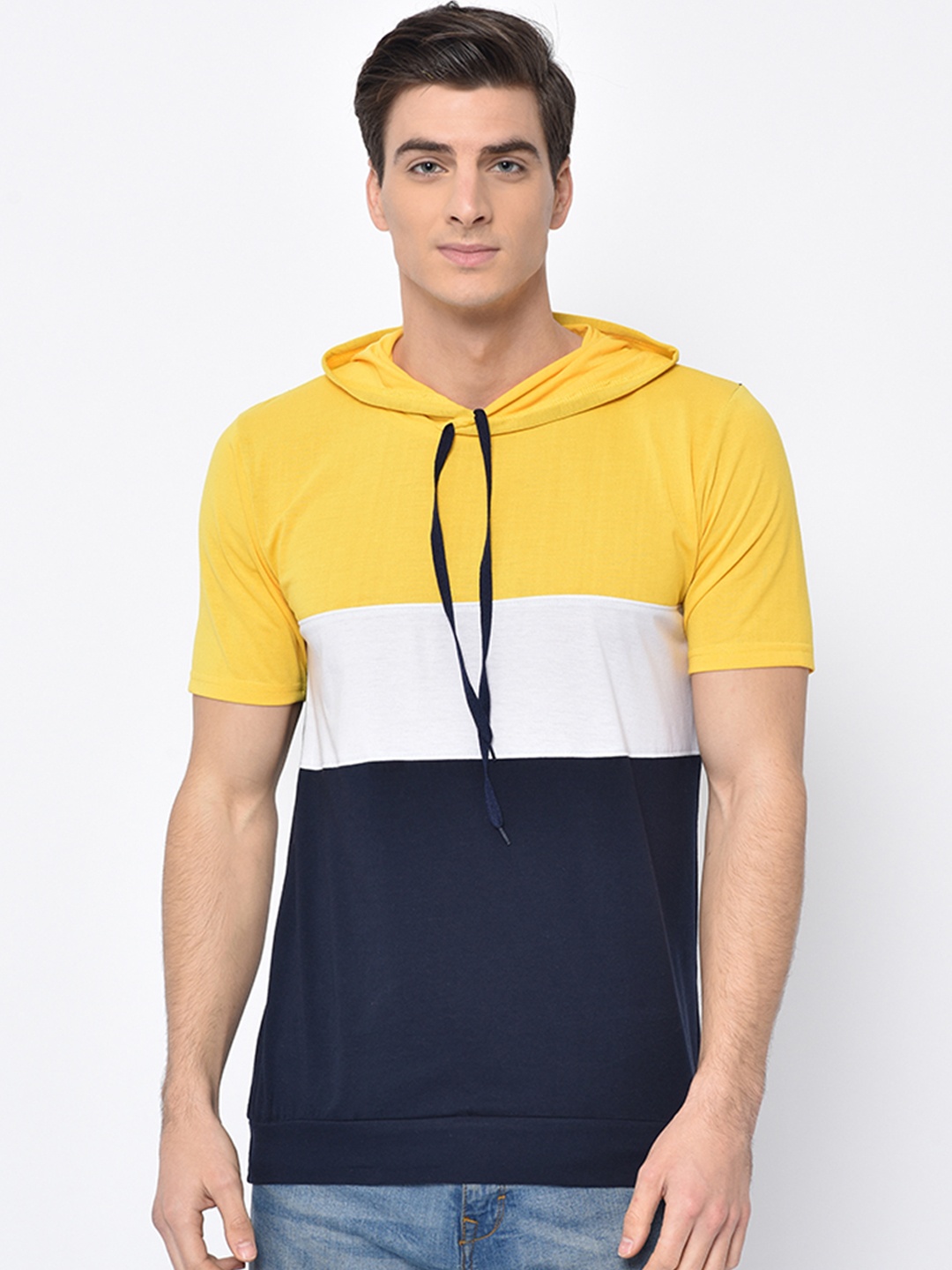 

VIMAL JONNEY Men Navy Blue & White Colourblocked Hood T-shirt