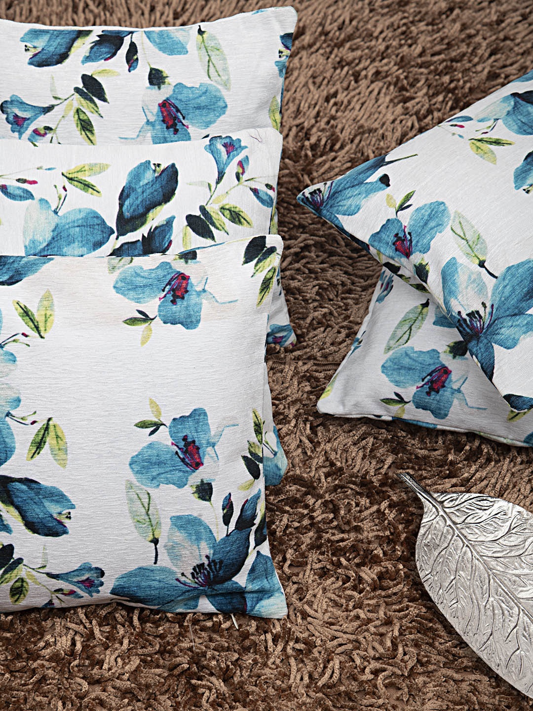 

HOUZZCODE Blue & White Set of 5 Floral Square Cushion Covers