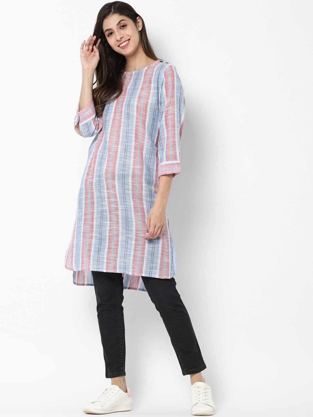 

Allen Solly Woman Blue & Red Striped Pure Cotton Tunic