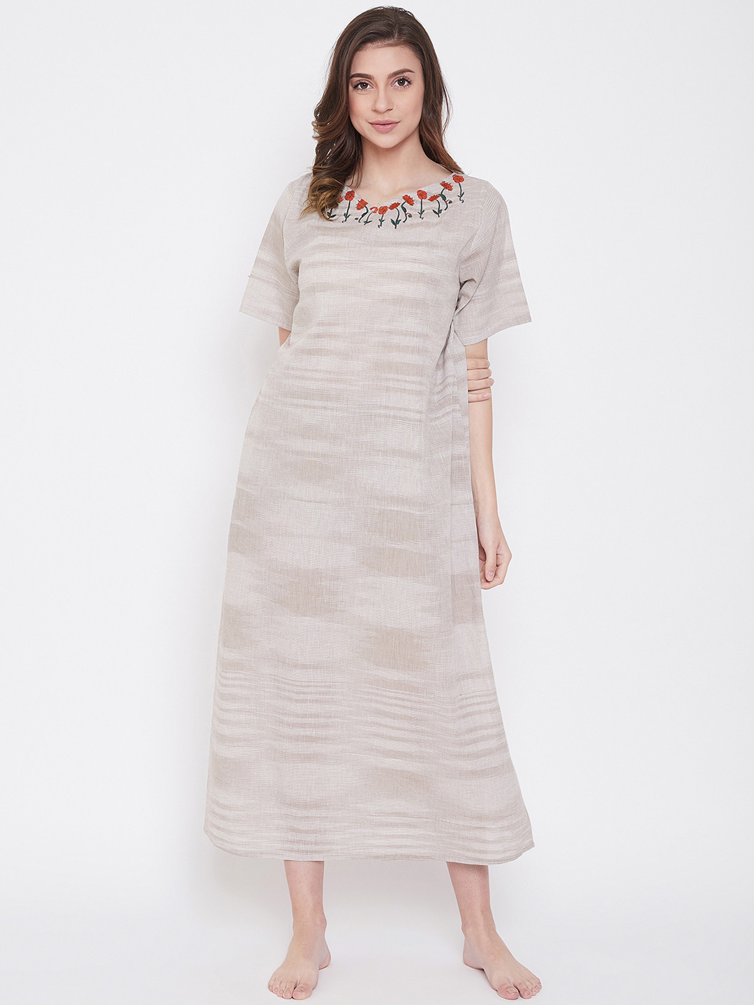 

The Kaftan Company Khaki Embroidered Nightdress