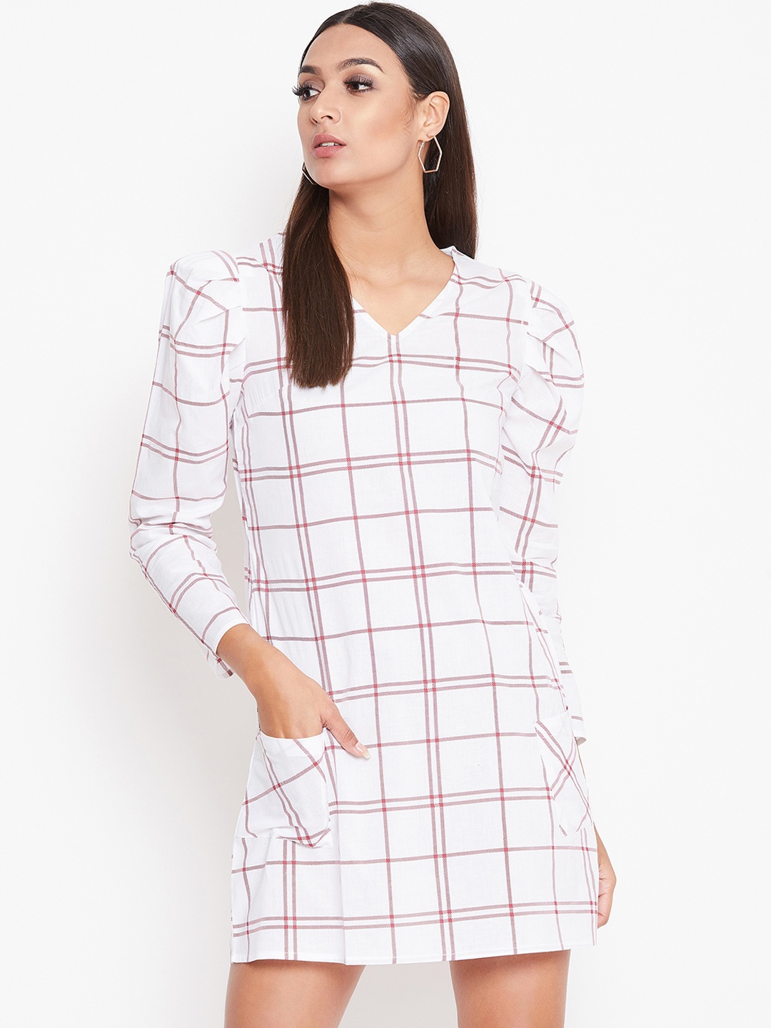 

La Zoire Women White & Mauve Checked Sheath Dress