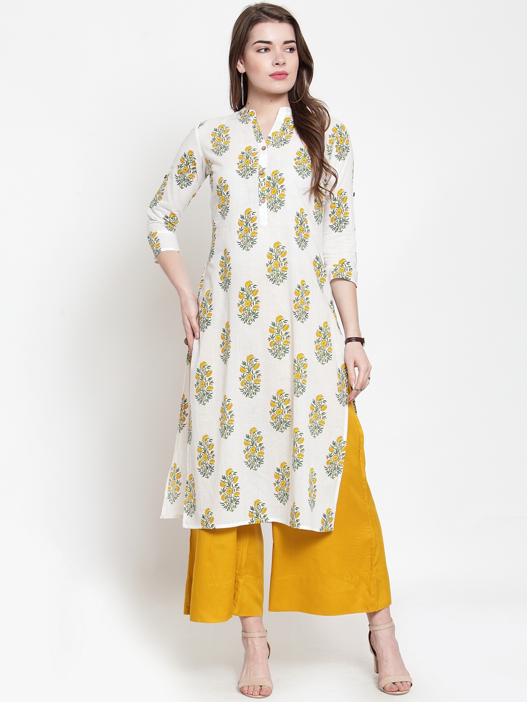 

Varanga Women White & Yellow Printed Kurta with Palazzos
