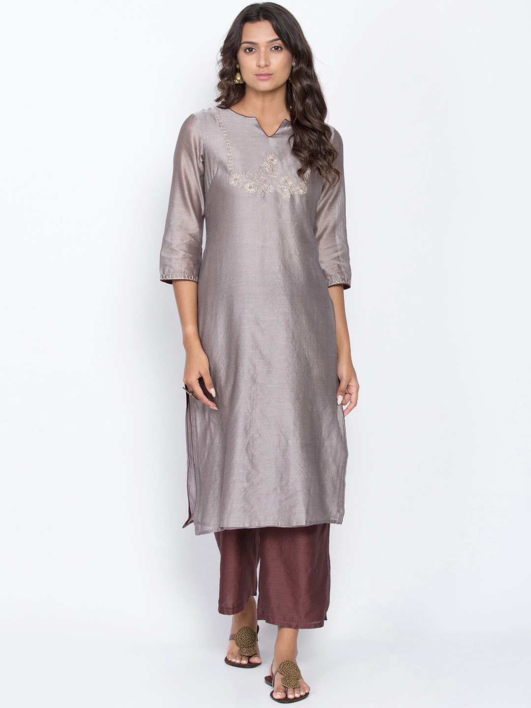 

Be Indi Women Grey & Brown Embroidered Kurta with Palazzos