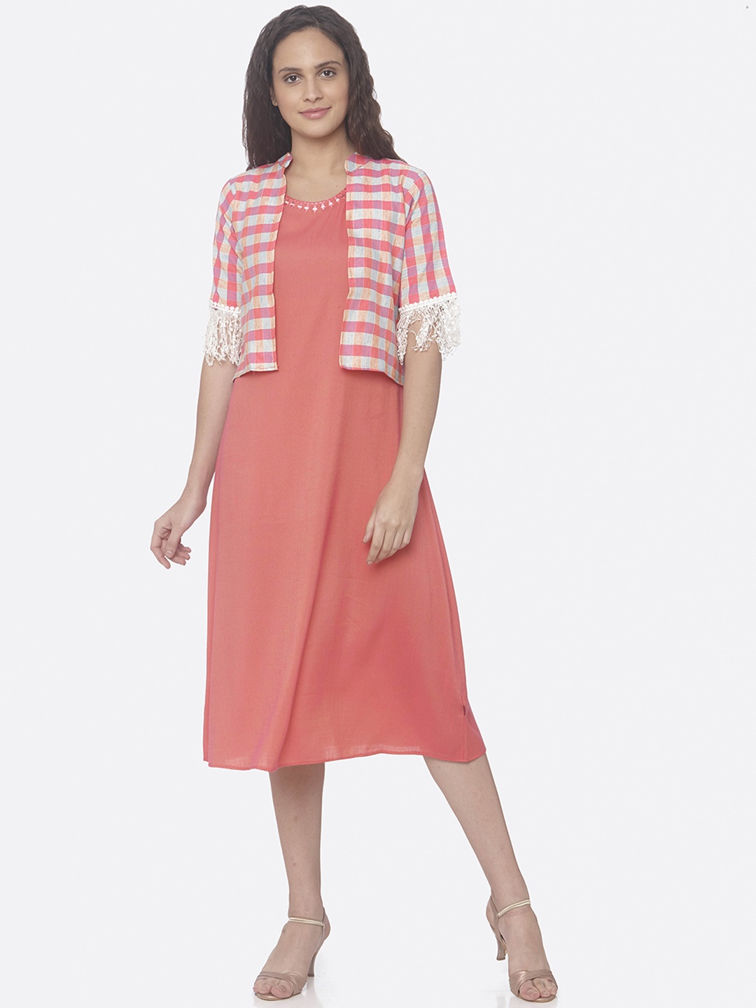 

RAISIN Women Coral Pink & Blue Solid A-Line Dress With a Jacket