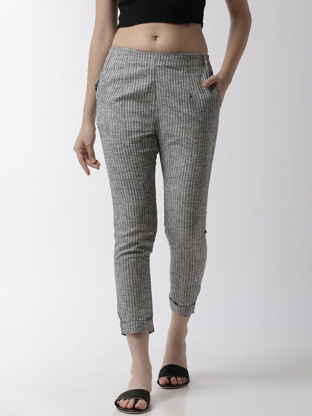 

De Moza Women Black & Grey Slim Fit Striped Cigarette Trousers