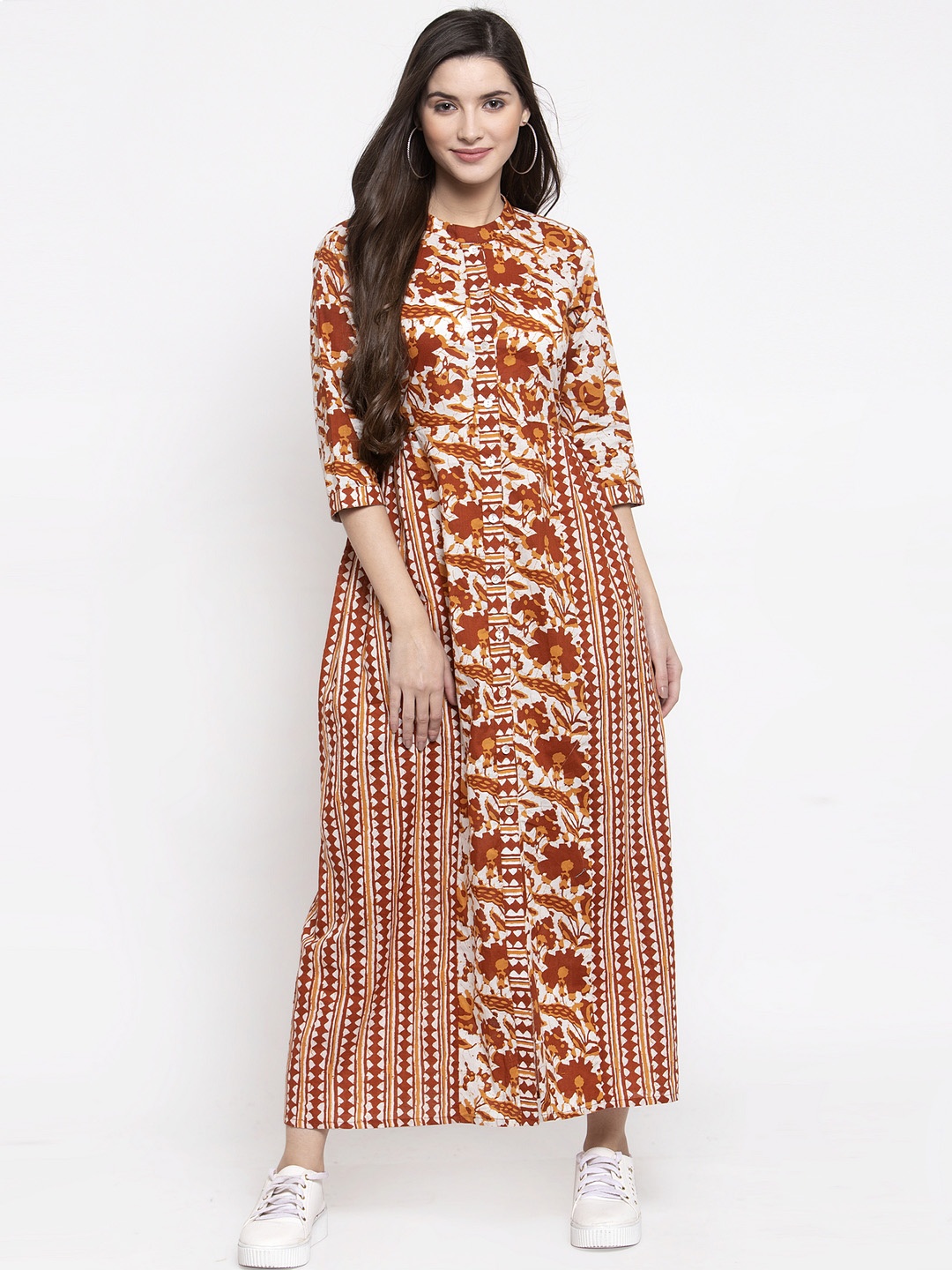 Indibelle Women Beige & White Printed Fit and Flare Dress