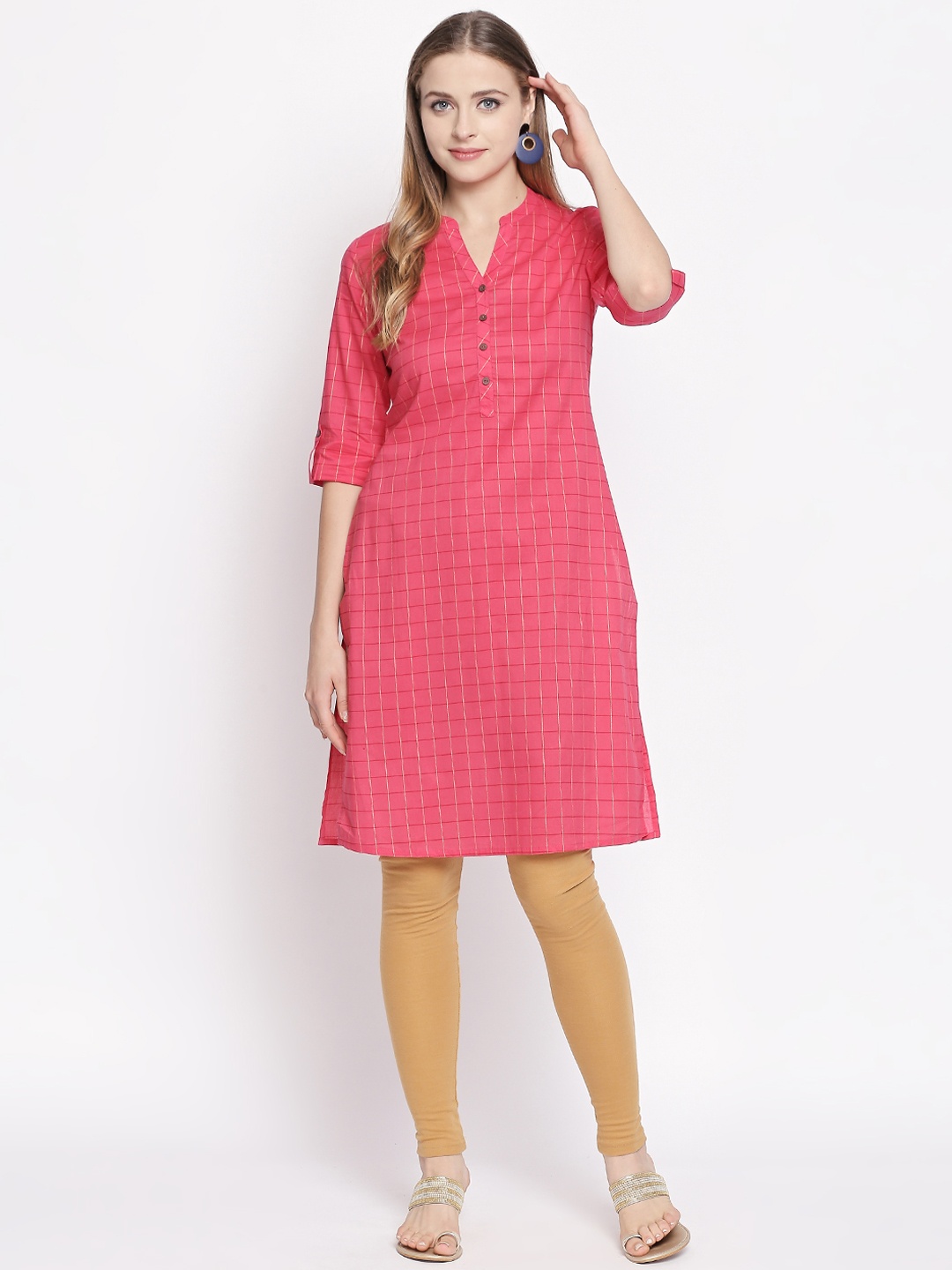 

RANGMANCH BY PANTALOONS Women Pink Checked Straight Kurta