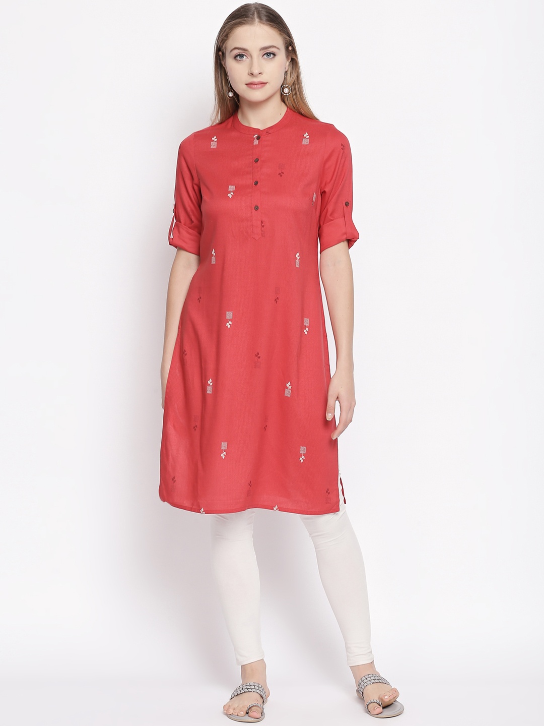 

RANGMANCH BY PANTALOONS Women Coral Red Printed Straight Kurta