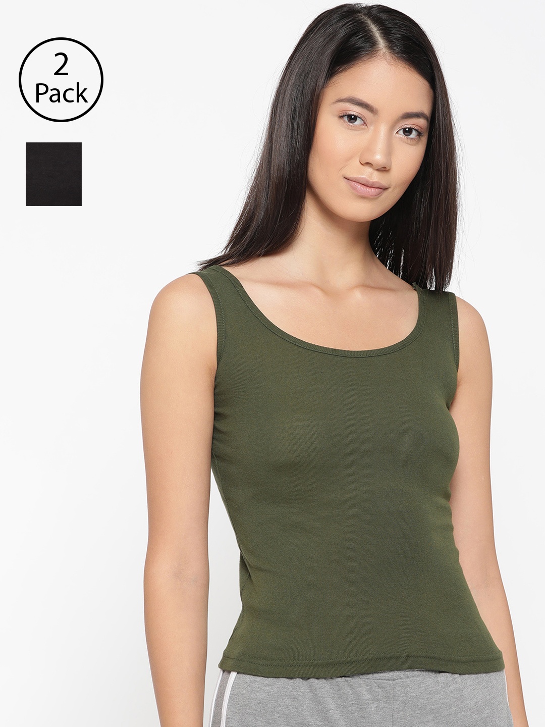 

Lady Lyka Women Pack Of 2 Solid Tank Top Camisoles CAMI-05-BLK-GRN, Black
