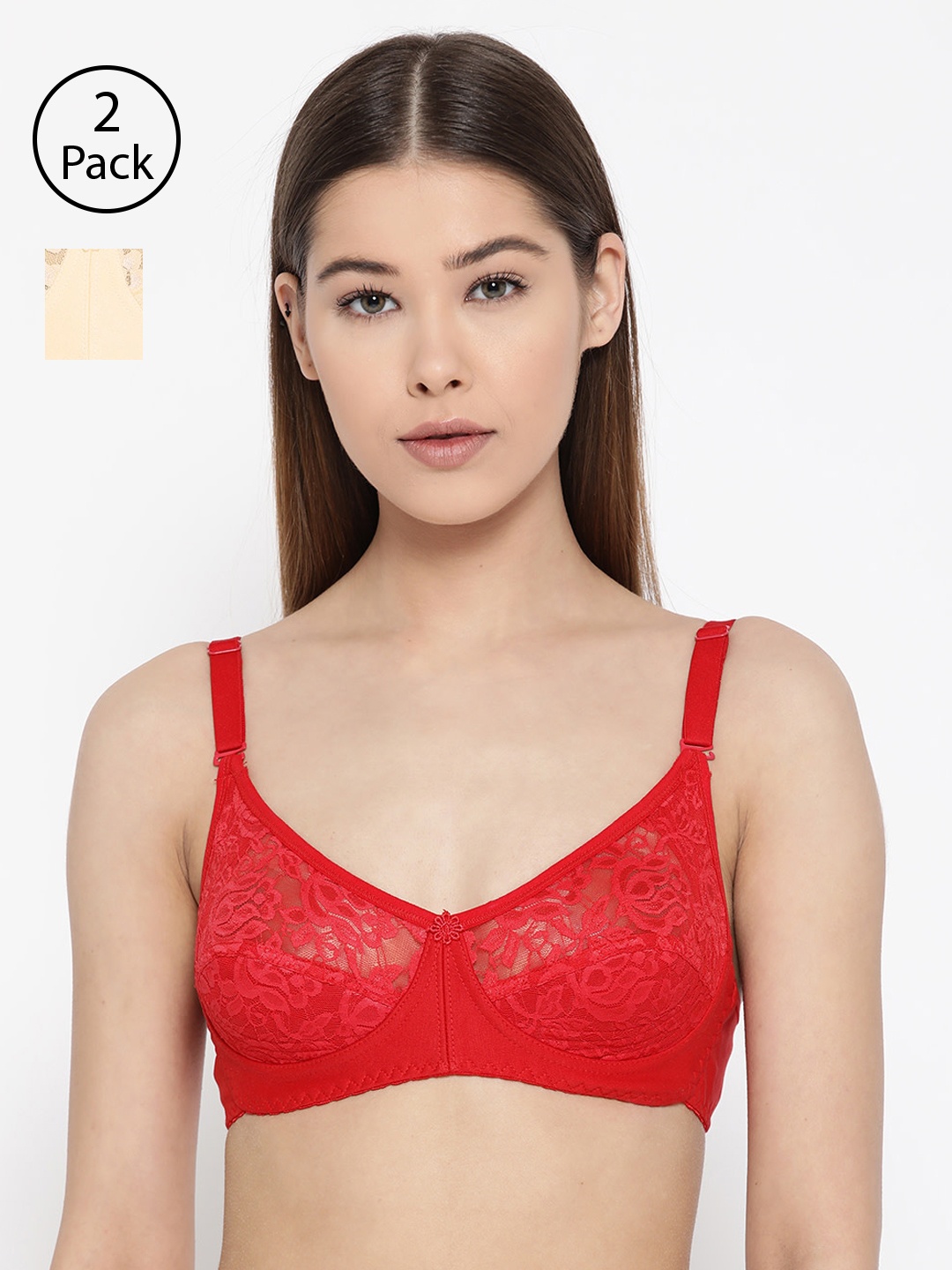 

Lady Lyka Pack of 2 Lace Non-Wired Non Padded Lace Everyday Bras IMPRESSION, Red