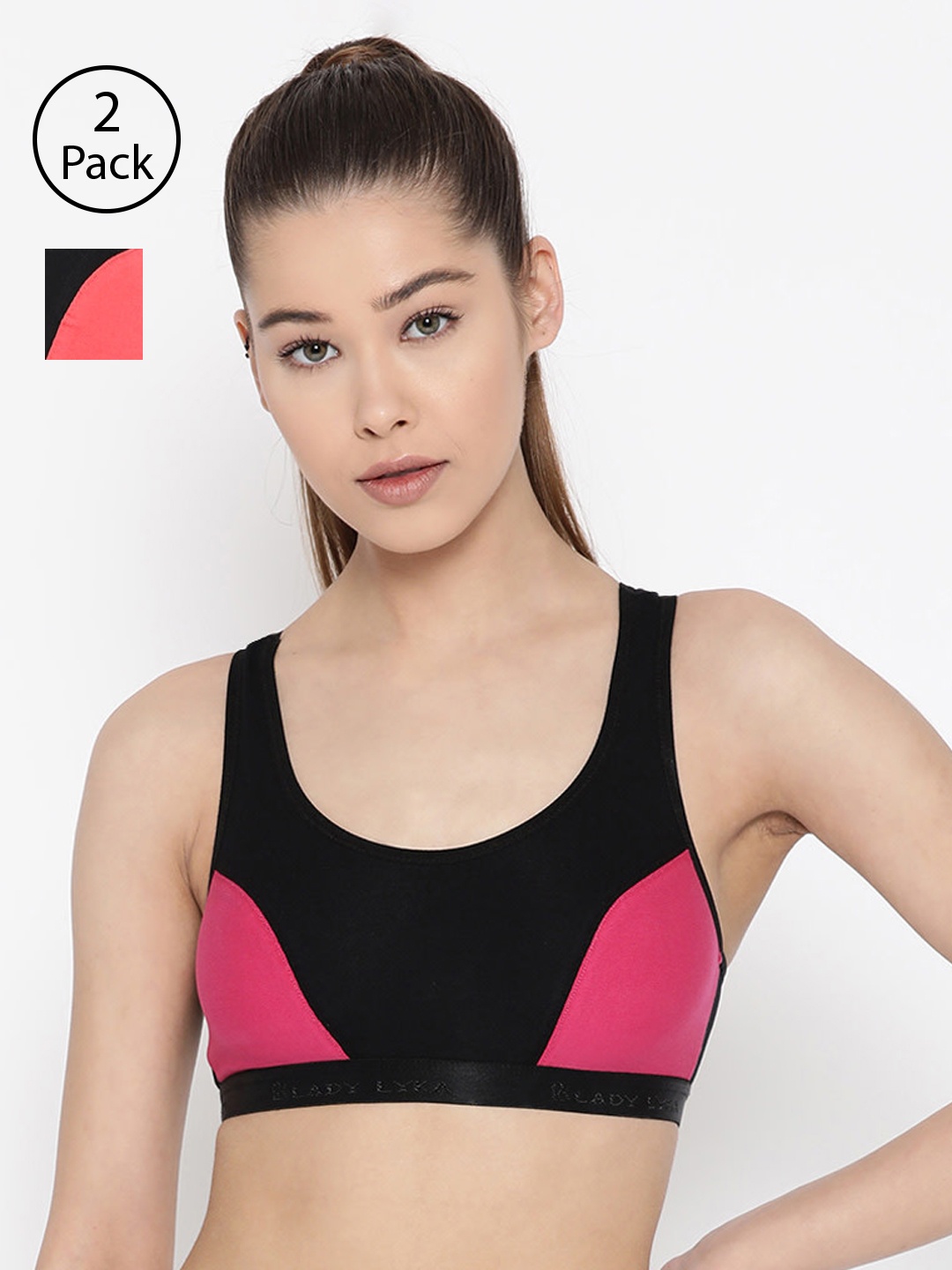 

Lady Lyka Pack of 2 Colourblocked Non-Wired Non Padded Sports Bras ROSES-FCA-PLM, Fuchsia