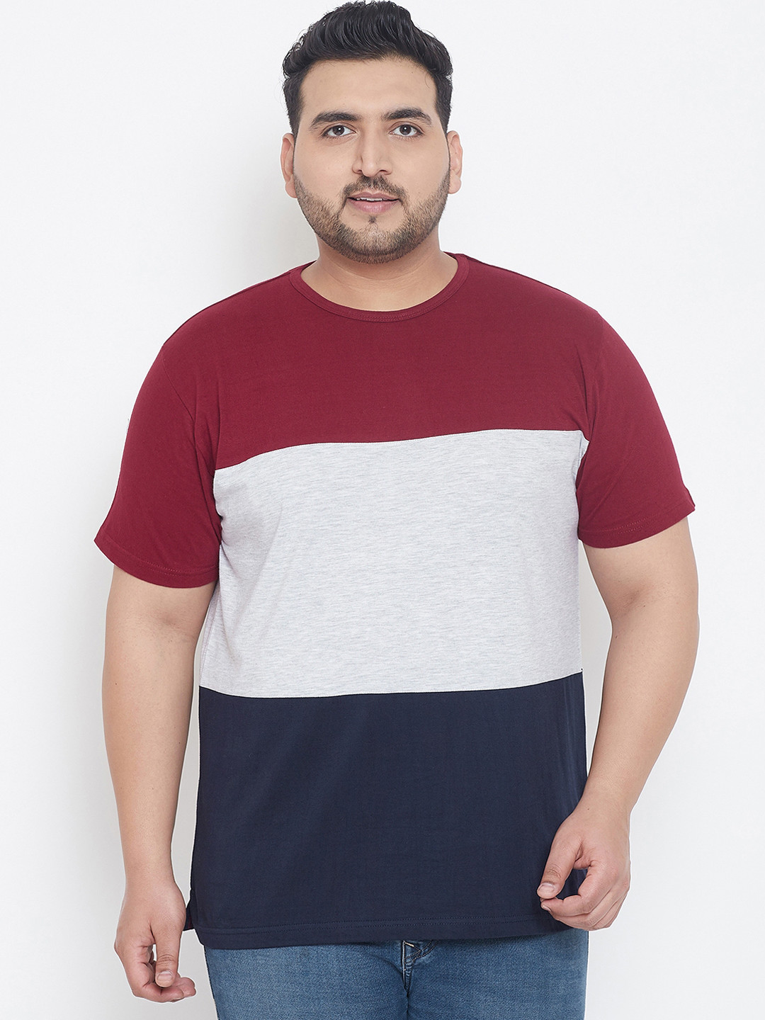 

bigbanana Plus Size Men Maroon Colourblocked Round Neck Pure Cotton T-shirt