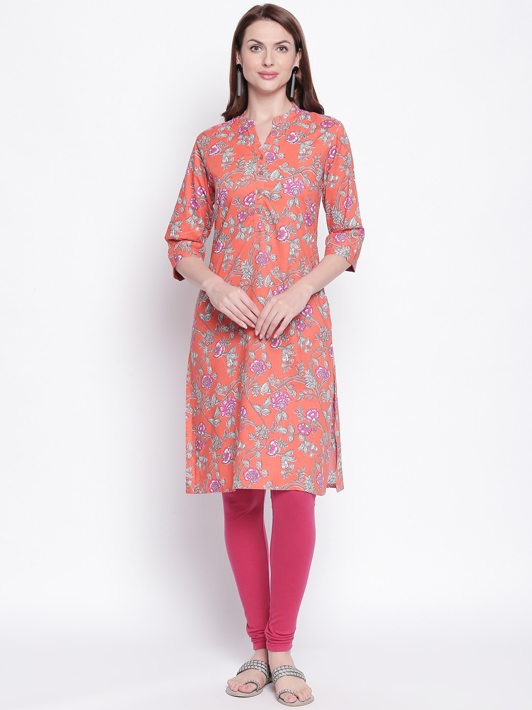 

RANGMANCH BY PANTALOONS Women Coral Pink & Grey Floral Print Straight Kurta