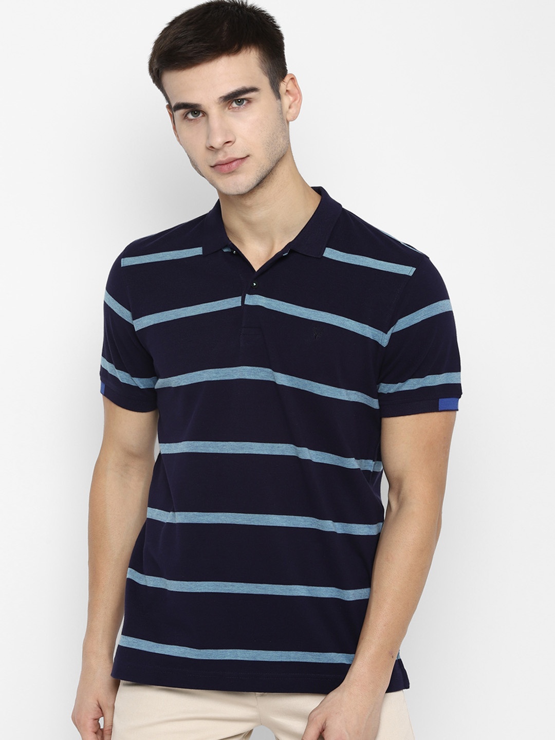 Allen Solly Men Navy Blue Striped Polo Collar Pure Cotton T-shirt