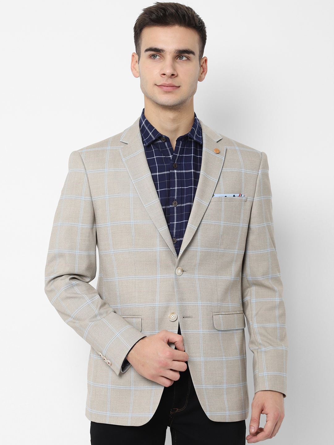 

Allen Solly Men Beige Checked Slim-Fit Single-Breasted Casual Blazer