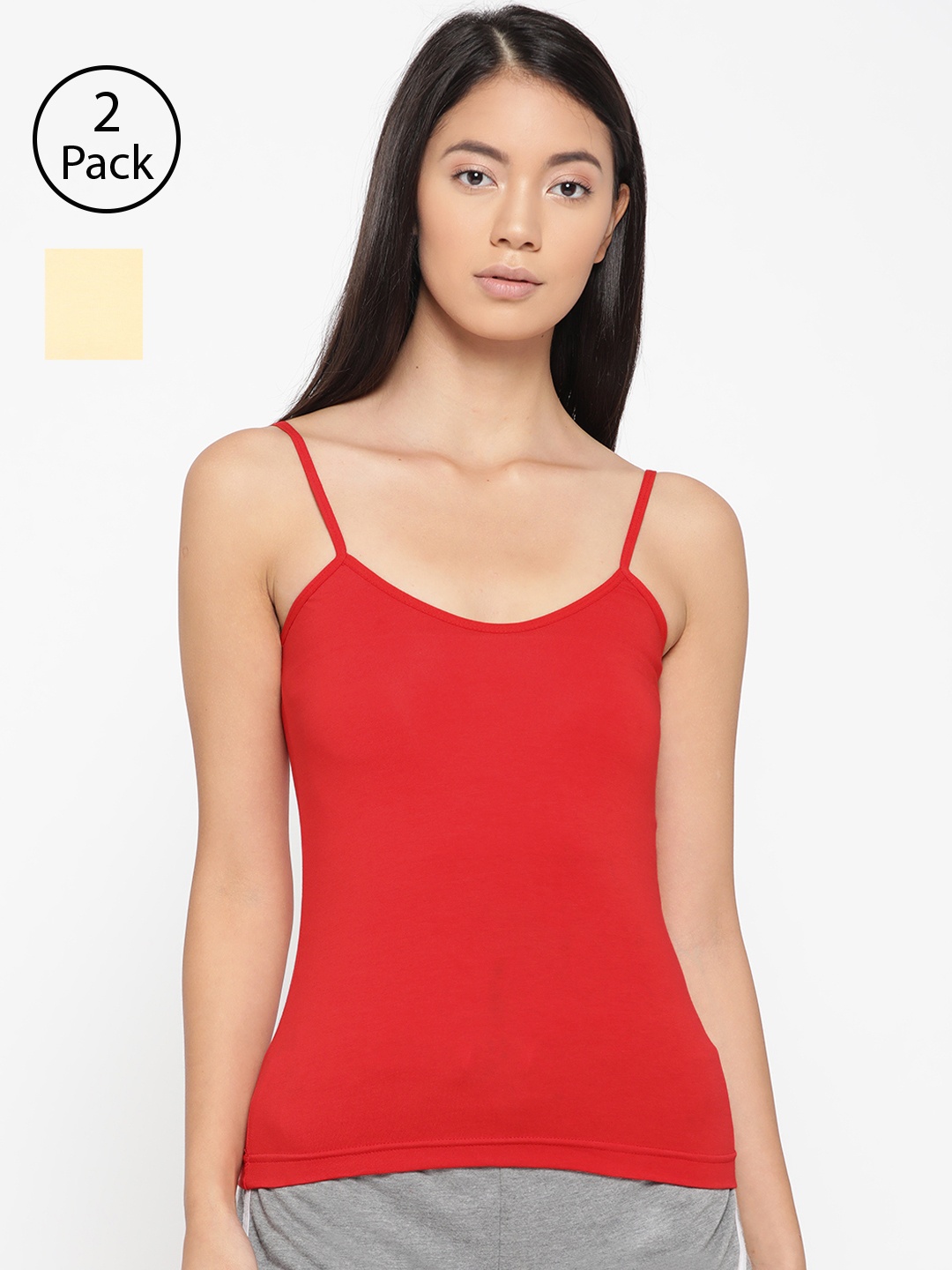 

Lady Lyka Women Pack Of 2 Solid Adjustable Straps Camisoles CAMI-04, Red