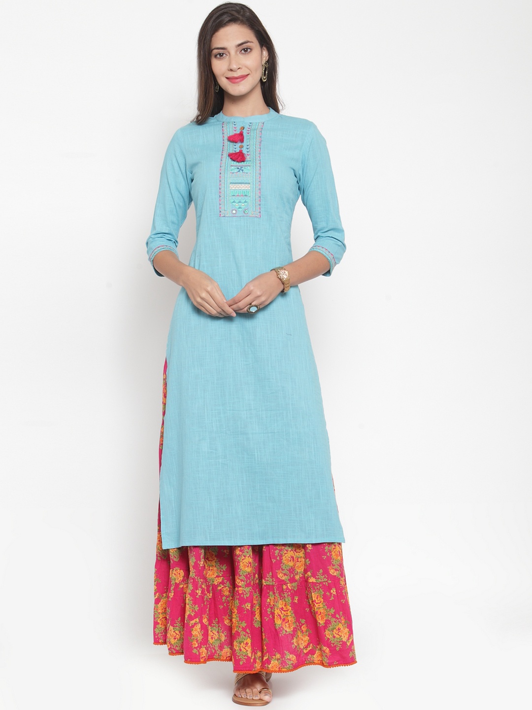 

Varanga Women Blue & Fuchsia Embroidered Kurta with Skirt