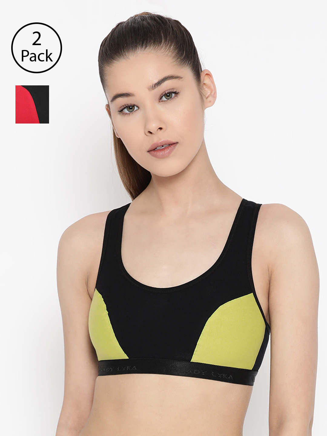 

Lady Lyka Pack of 2 Colourblocked Non-Wired Non Padded Sports Bras ROSES-GRN-RED, Green