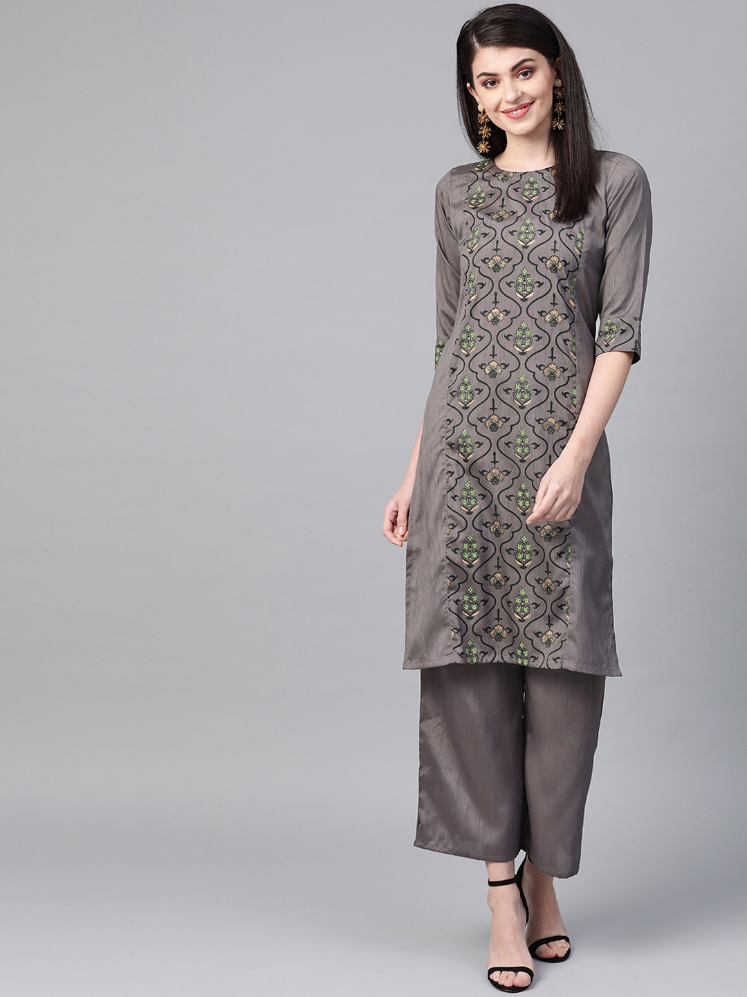 

ZIYAA Women Grey & Black Printed Straight Kurta