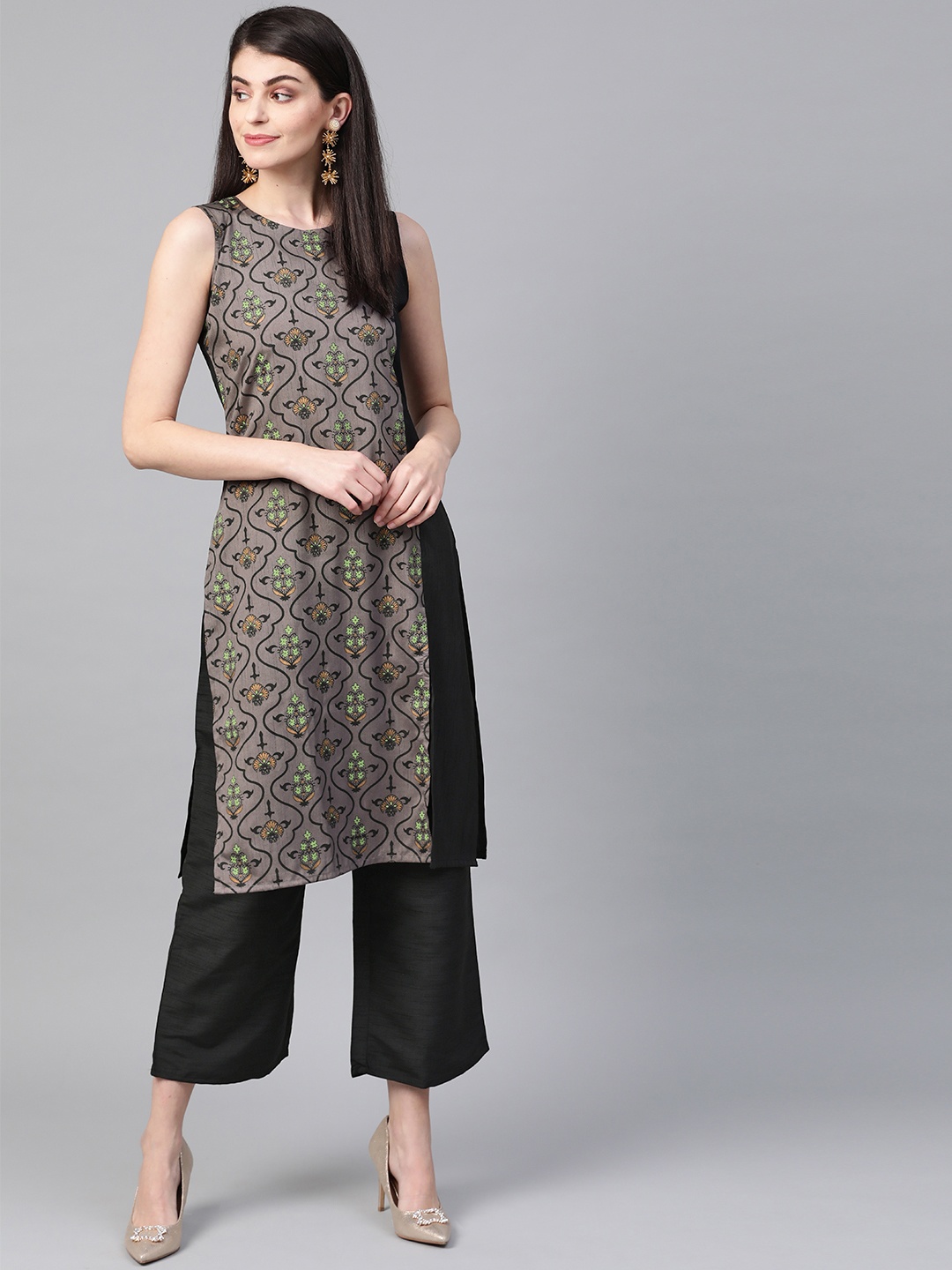 

ZIYAA Women Grey & Black Printed Straight Kurta