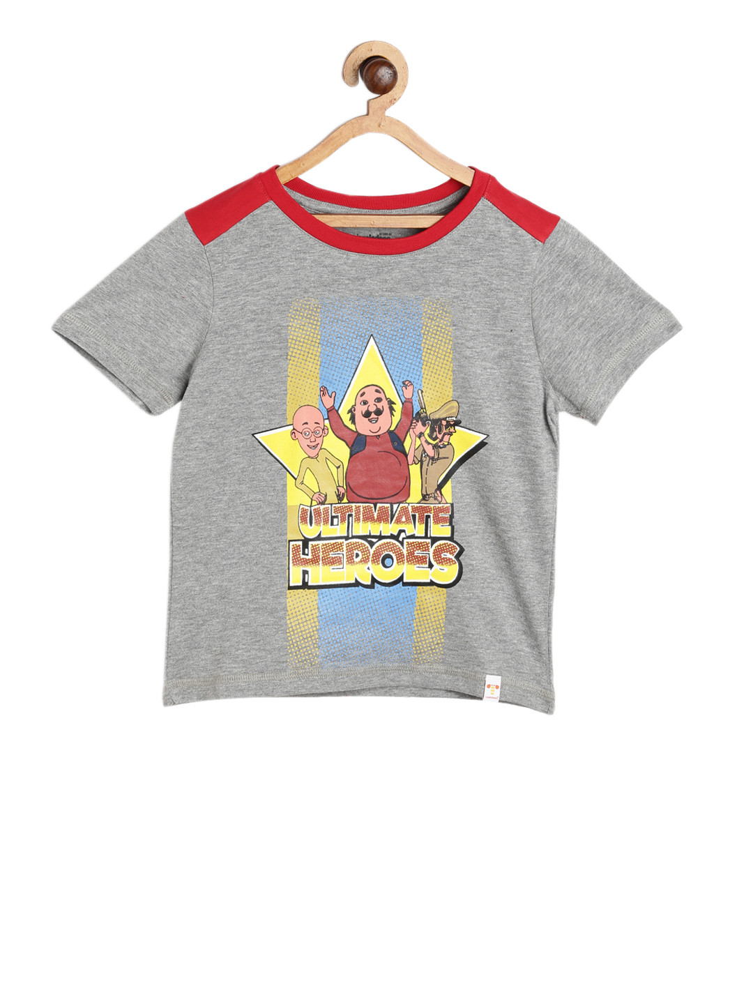 

toothless Boys Grey Melange & Yellow Motu Patlu Printed Round Neck Pure Cotton T-Shirt