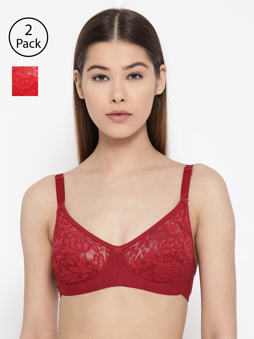 

Lady Lyka Pack of 2 Lace Non-Wired Non Padded Lace Everyday Bras IMPRESSION, Maroon