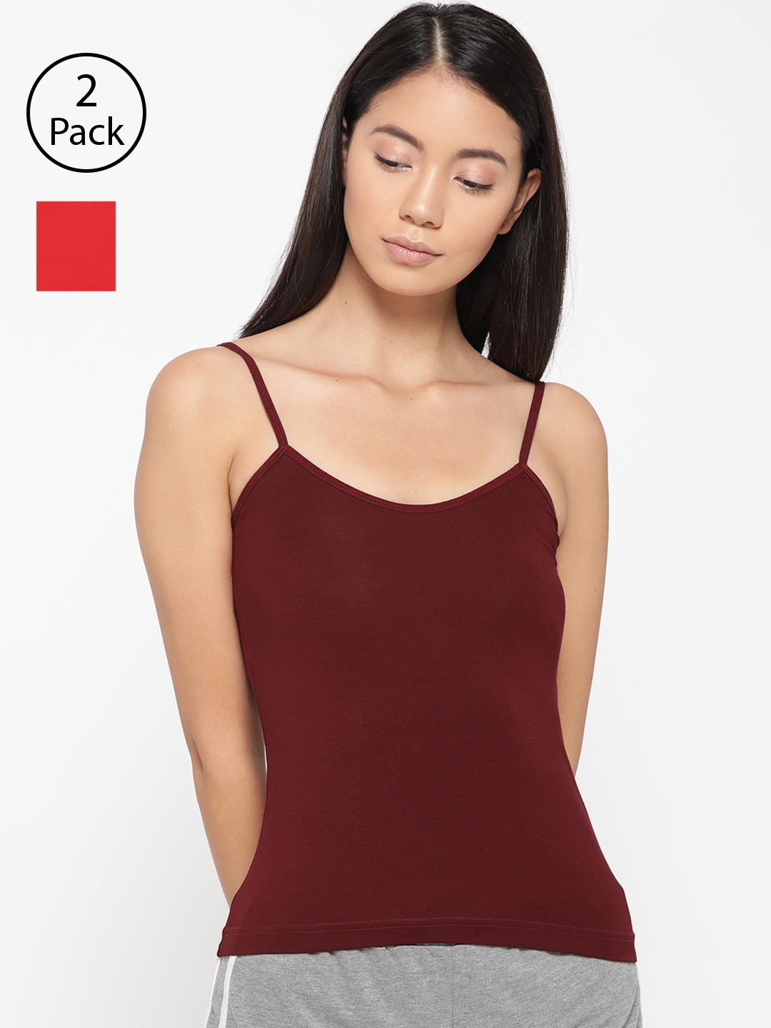 

Lady Lyka Women Pack Of 2 Solid Adjustable Straps Camisoles CAMI-04-MRN-RED, Burgundy