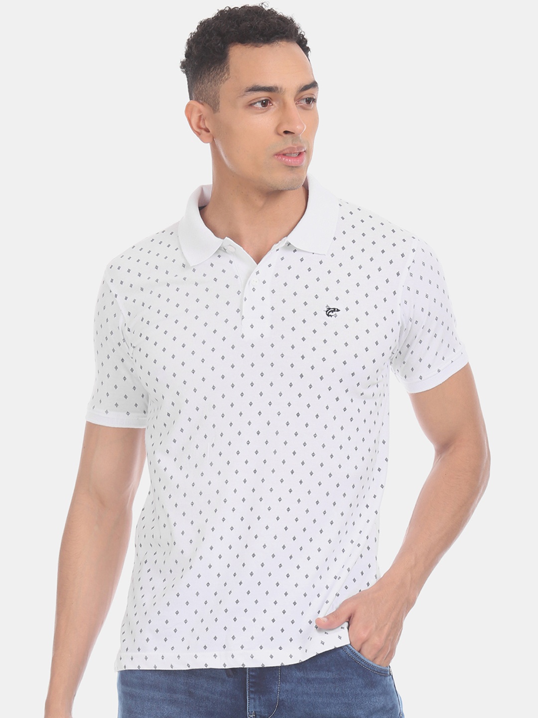 

Ruggers Men White & Navy Blue Printed Polo Collar T-shirt