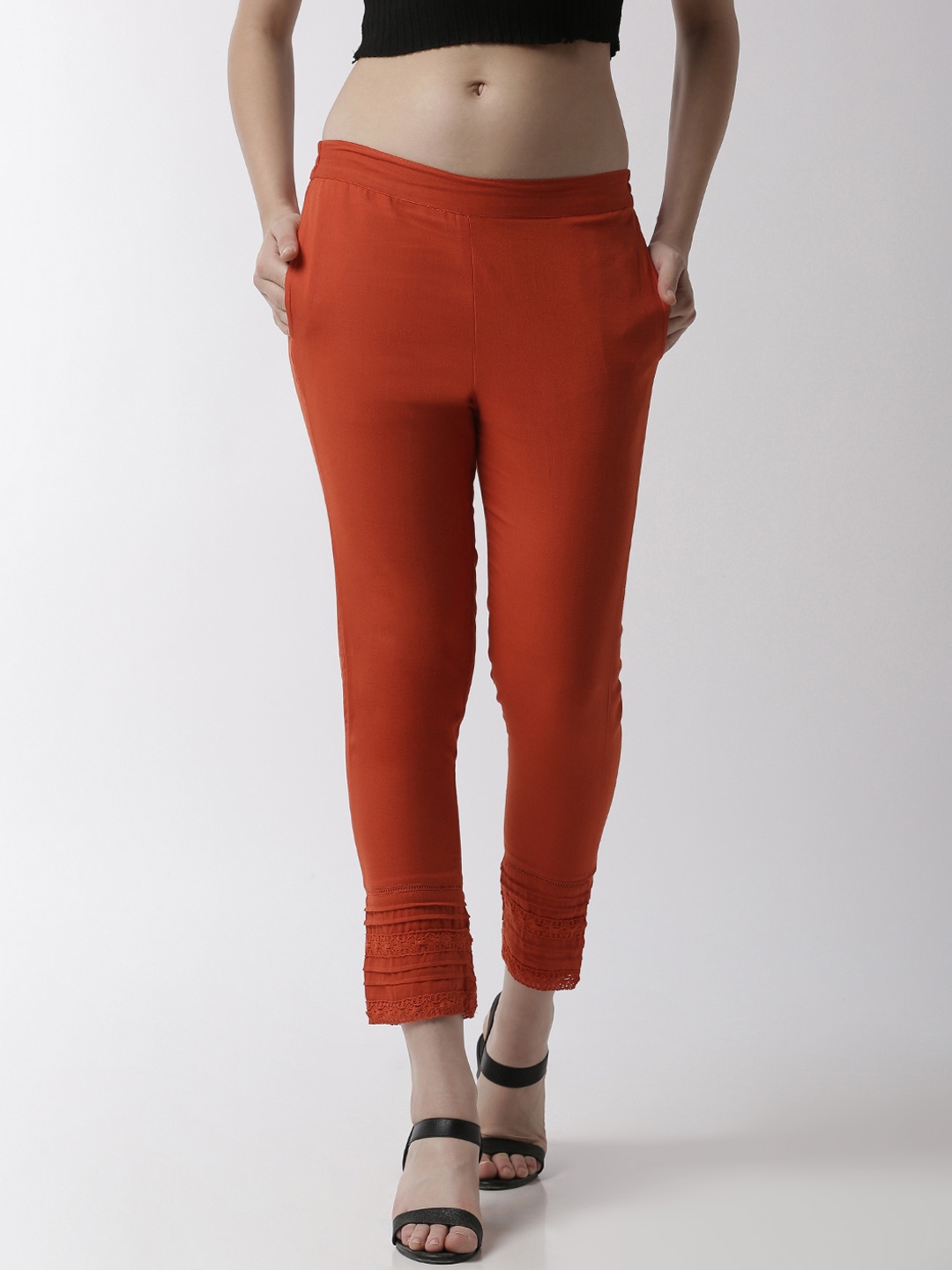 

De Moza Women Rust & Orange Slim Fit Solid Cigarette Trousers