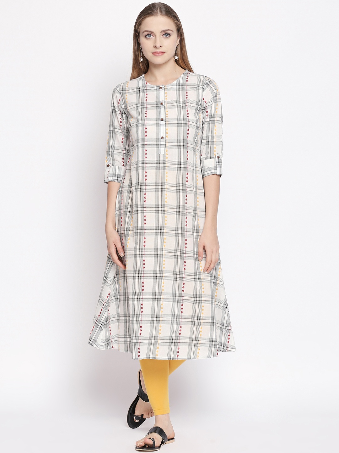 RANGMANCH BY PANTALOONS Women Off-White & Grey Checked A-Line Kurta