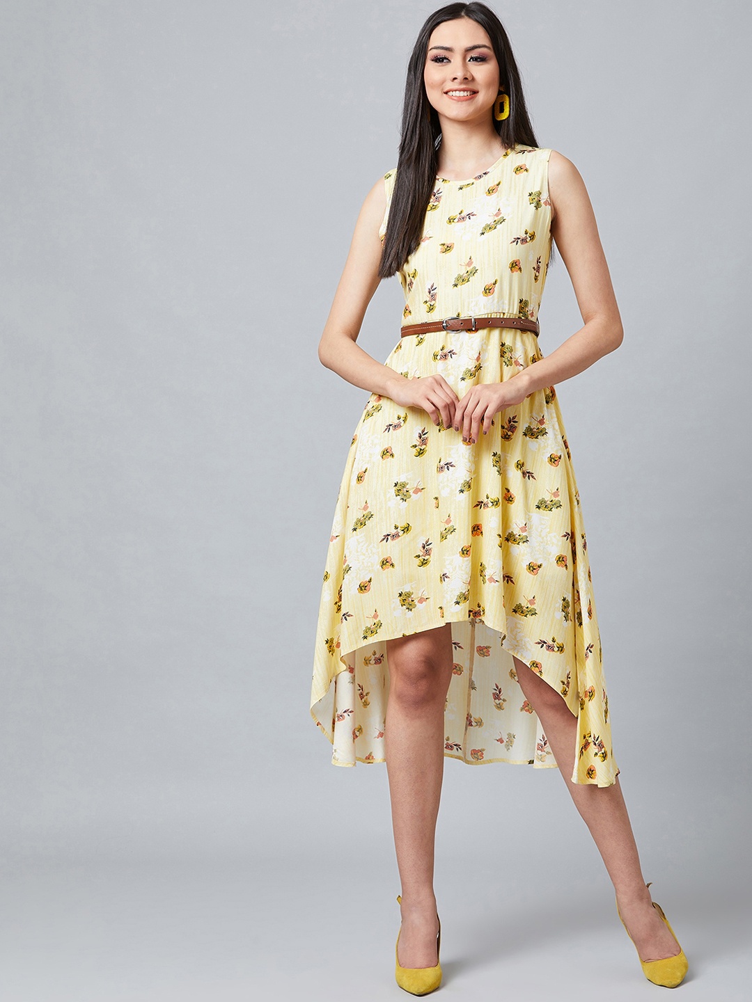 

Athena Women Yellow & Green Printed Fit and Flare Dress
