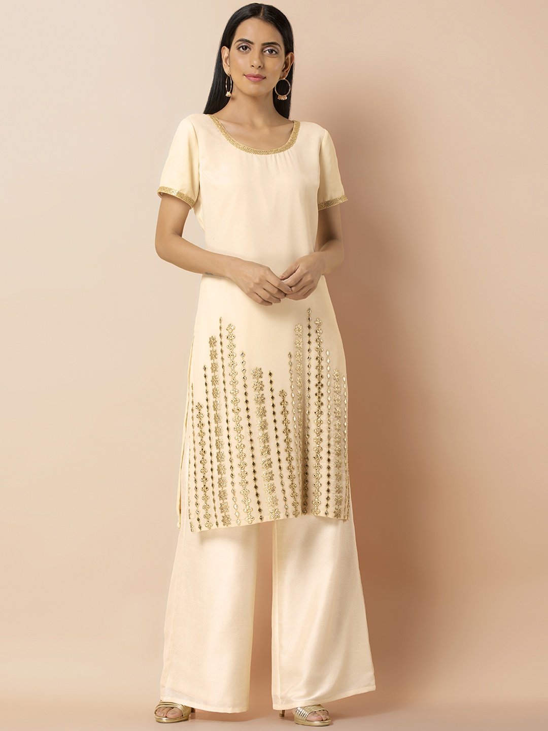 

INDYA Women Cream-Coloured Embellished Straight Kurta