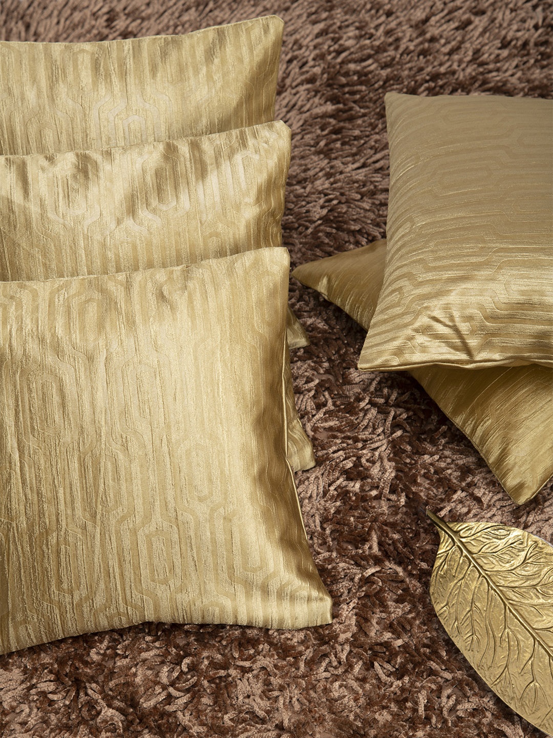 

HOUZZCODE Gold-Toned Set of 5 Self Design Square Cushion Covers