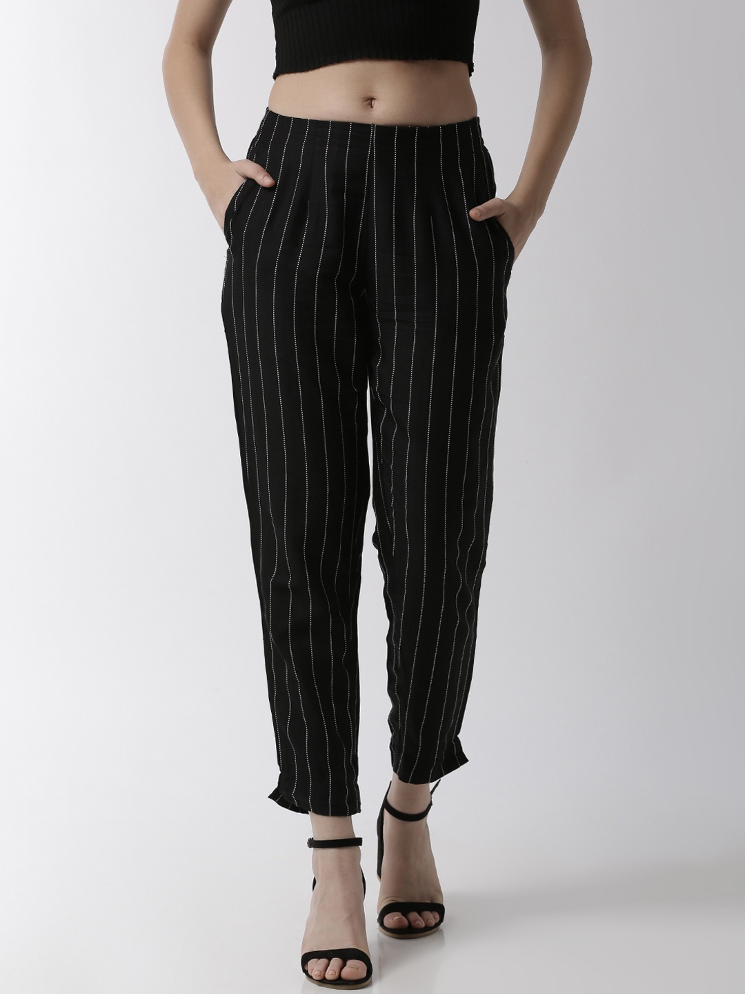 

De Moza Women Black Slim Fit Striped Cigarette Trousers