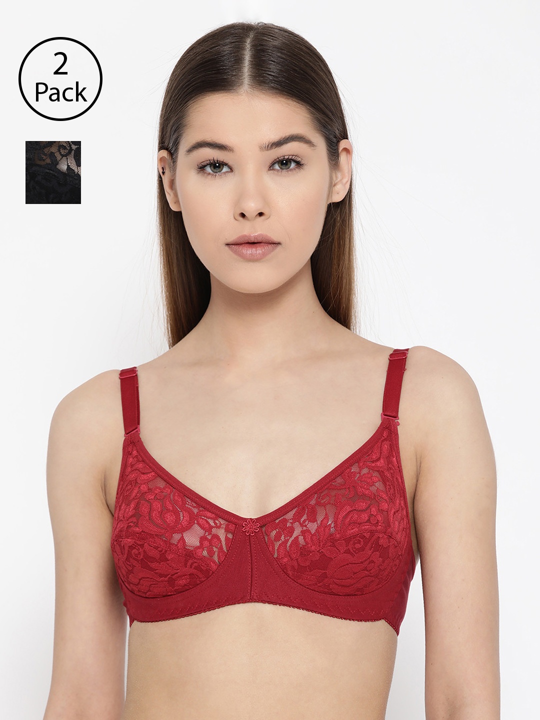 

Lady Lyka Pack of 2 Lace Non-Wired Non Padded Lace Everyday Bras IMPRESSION, Black