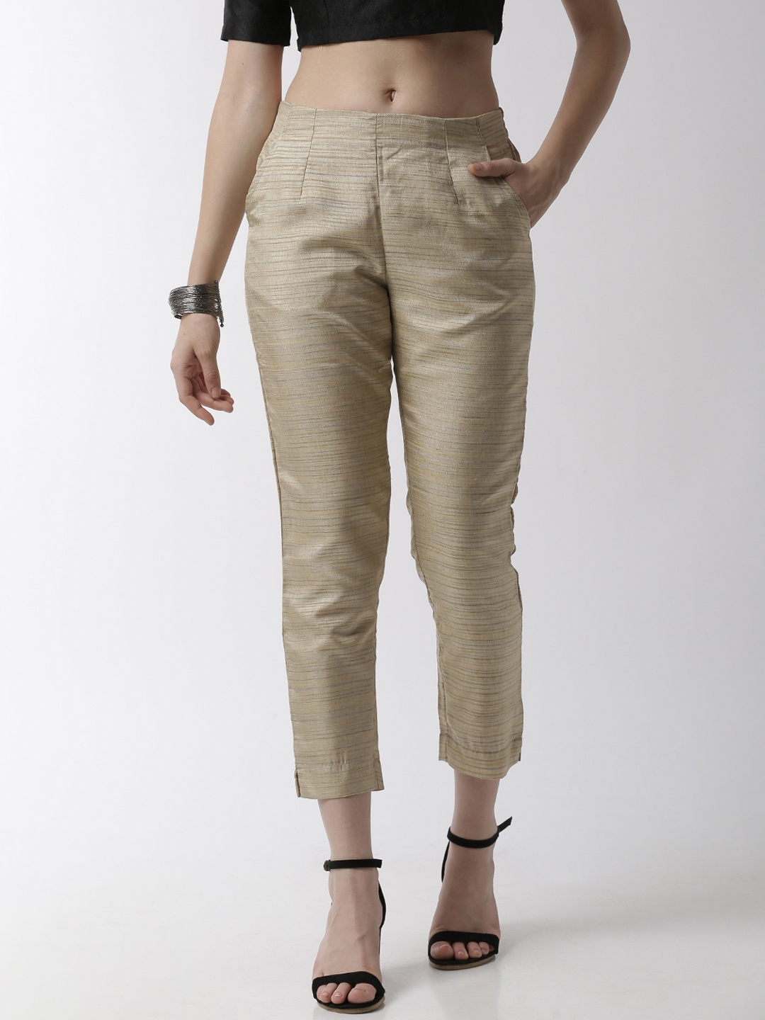 

De Moza Women Beige Slim Fit Self Design Cigarette Trousers
