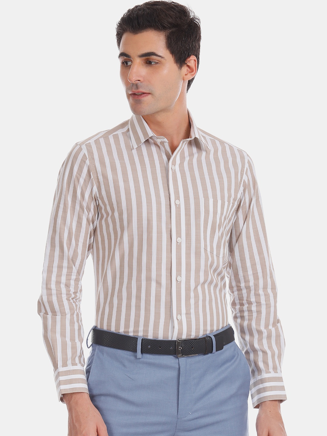 

Arrow Men Taupe & White Regular Fit Striped Formal Shirt