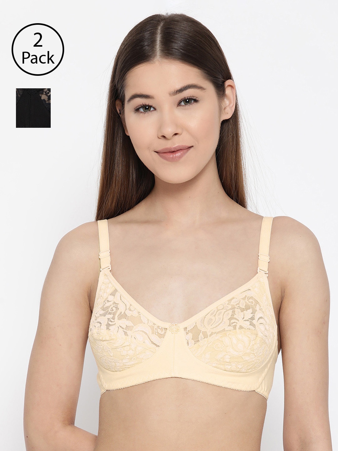 

Lady Lyka Pack of 2 Lace Non-Wired Non Padded Lace Everyday Bras IMPRESSION, Beige