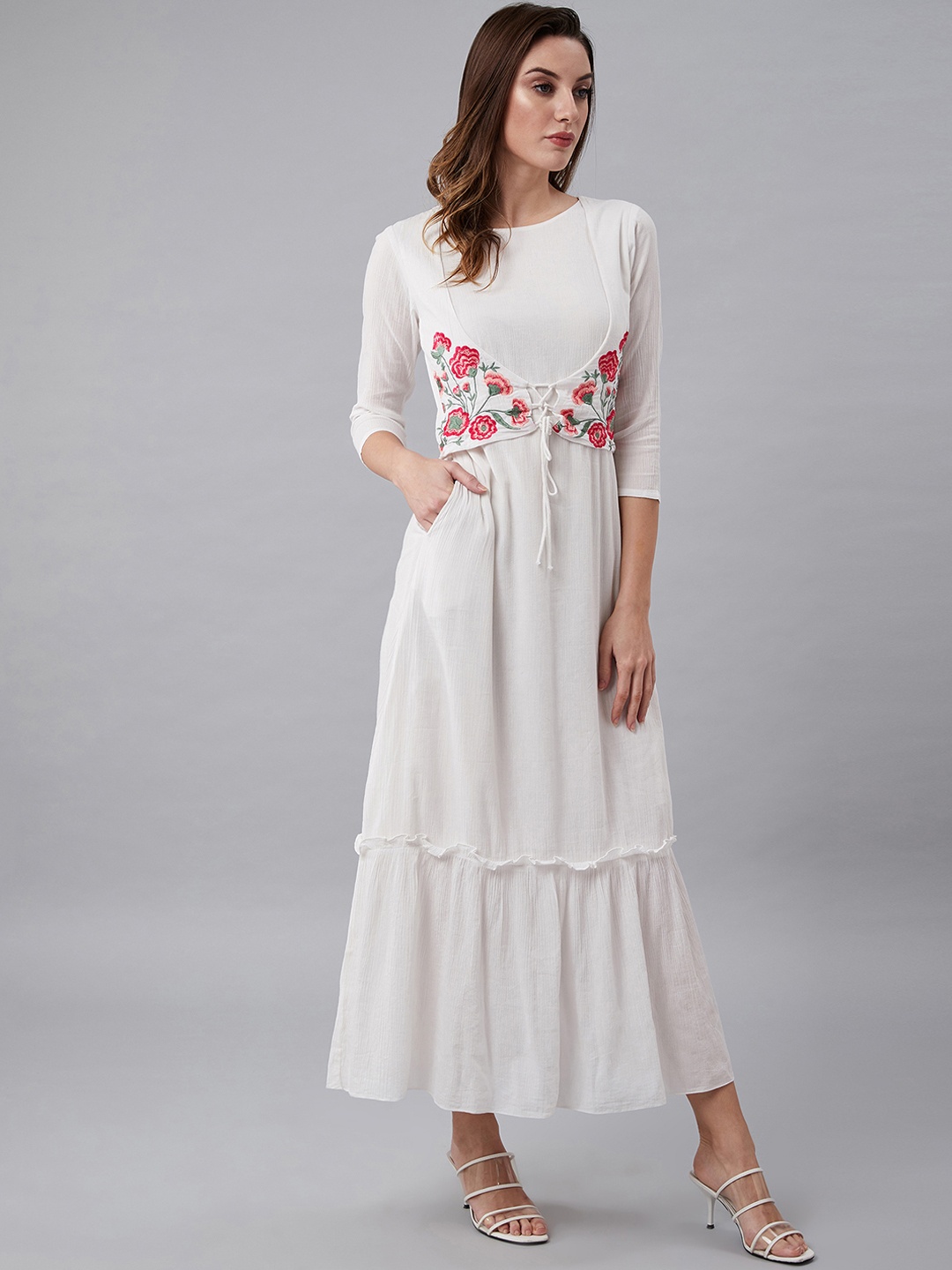 

Athena Women White & Pink Embroidered Fit and Flare Dress