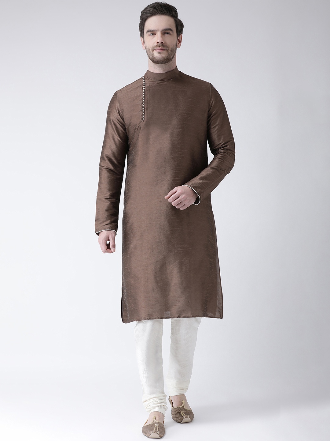 DEYANN Men Brown & Off-White Woven Design Kurta with Churidar