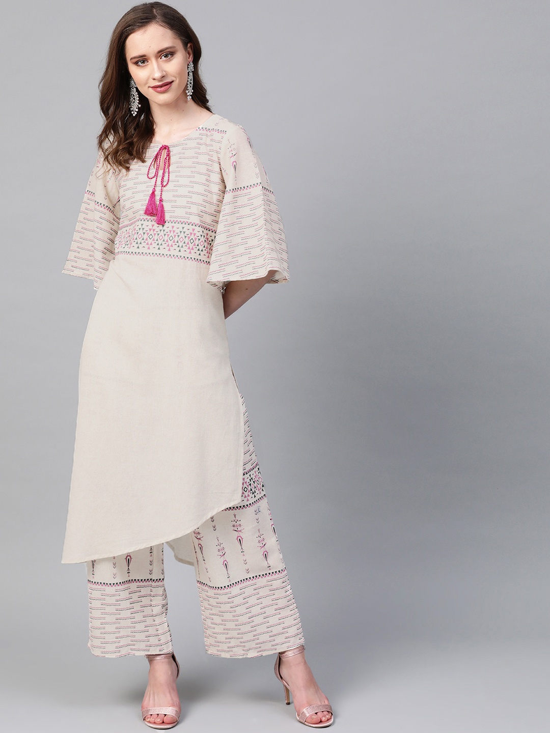 

ZIYAA Women Off-White & Pink Printed Asymmetric Kurta
