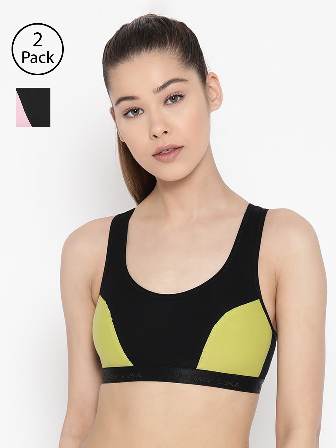 

Lady Lyka Pack of 2 Colourblocked Non-Wired Non Padded Sports Bras ROSES-GRN-PNK, Green