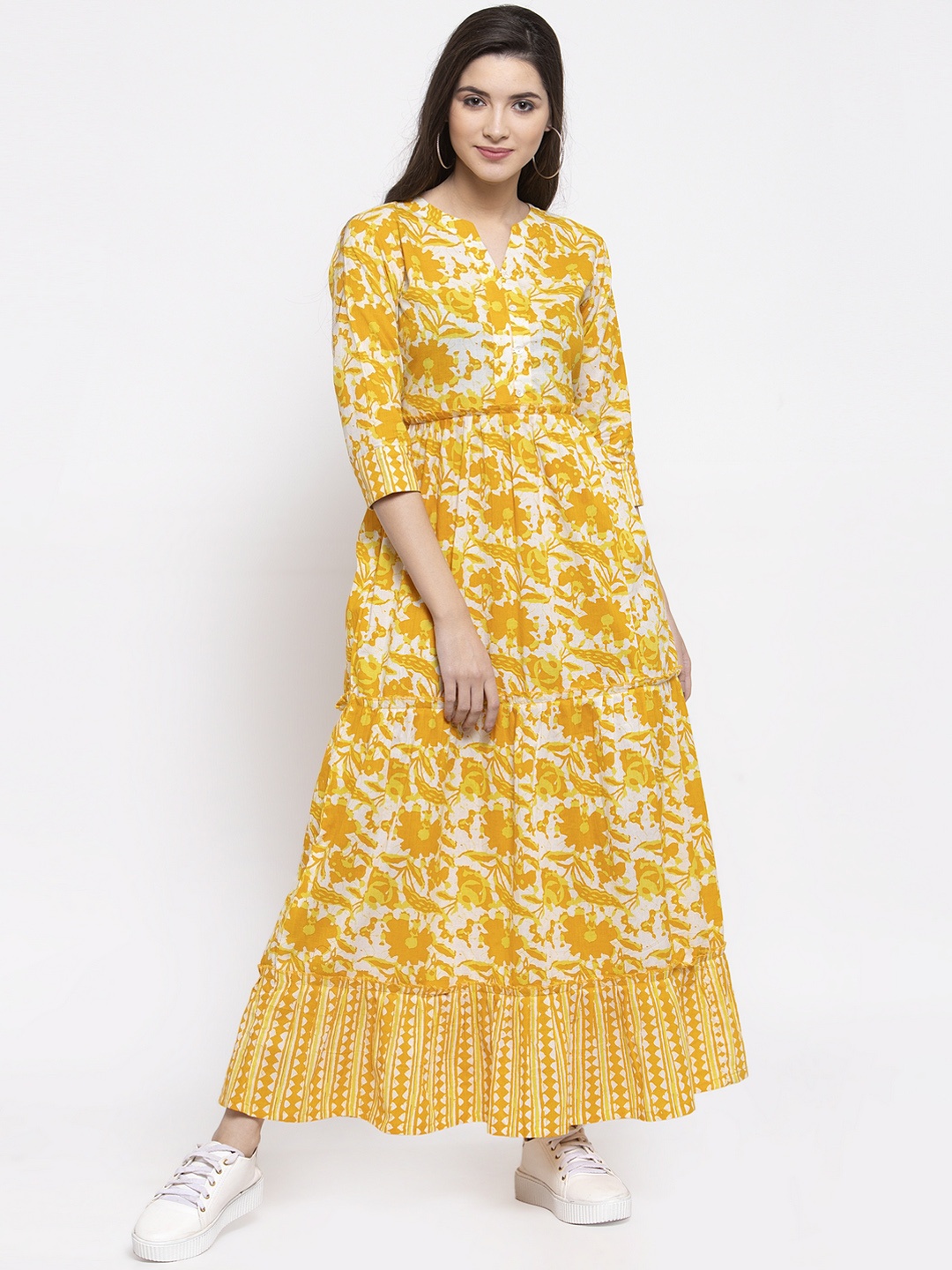 

Indibelle Women Yellow & White Printed Maxi Dress