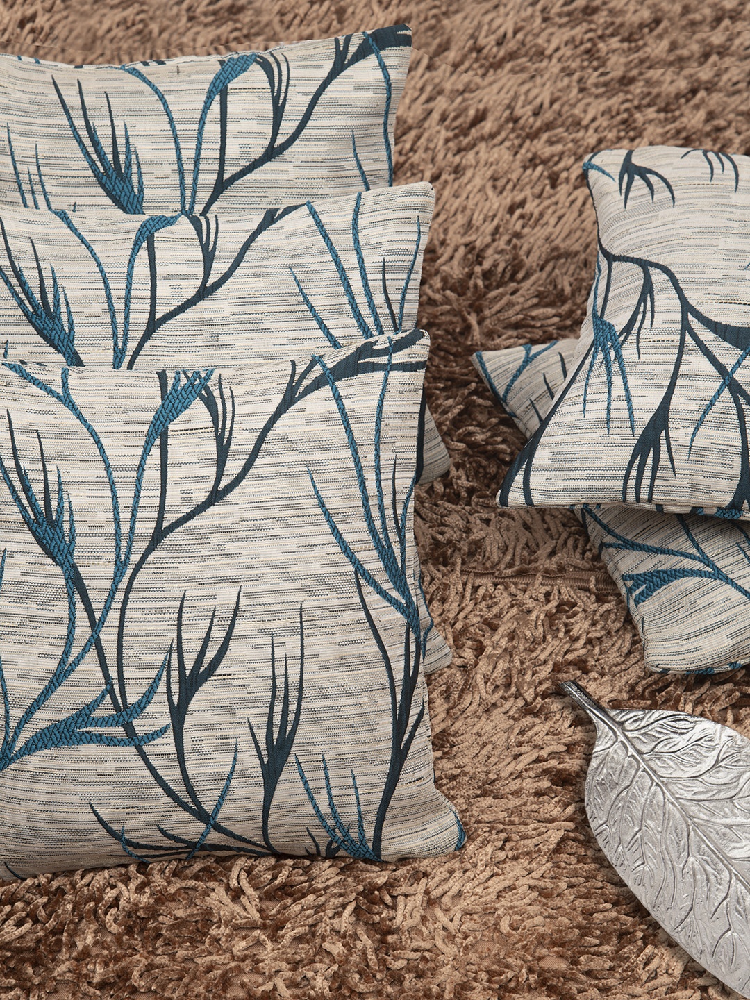 

HOUZZCODE Teal Blue & Beige Set of 5 Abstract Square Cushion Covers